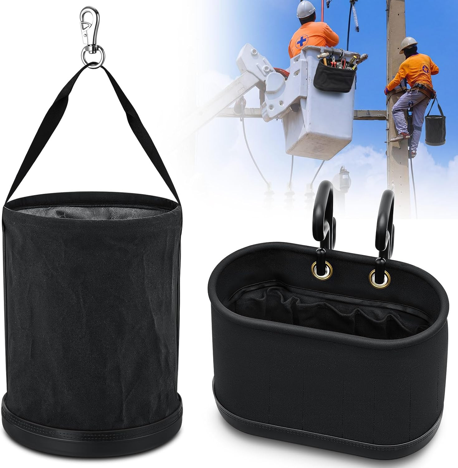2 Pack Canvas Tool Bags with Plastic Bottom & Metal Hook for Organizing Tools