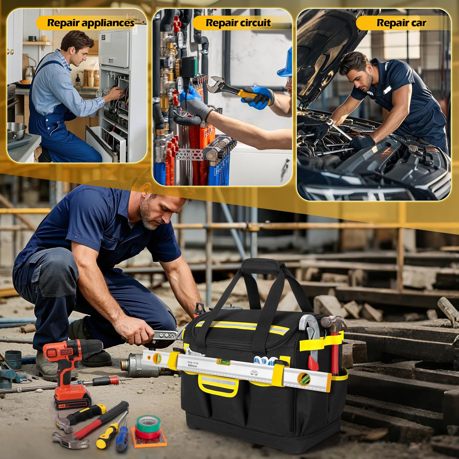 New Best 15-Inch Tool Bag with Hard Bottom, Electrician Box Organizer Detachable