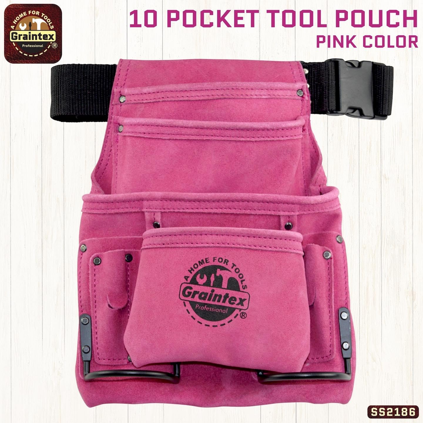 SS2186 10 Pocket Nail & Tool Pouch Pink Color Suede Leather with 2â€ Webbing …