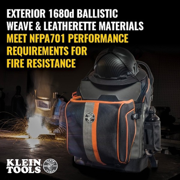 Klein Tools 55665 Tool Backpack, Black/Orange, 1680D Ballistic Weave Body; Hard