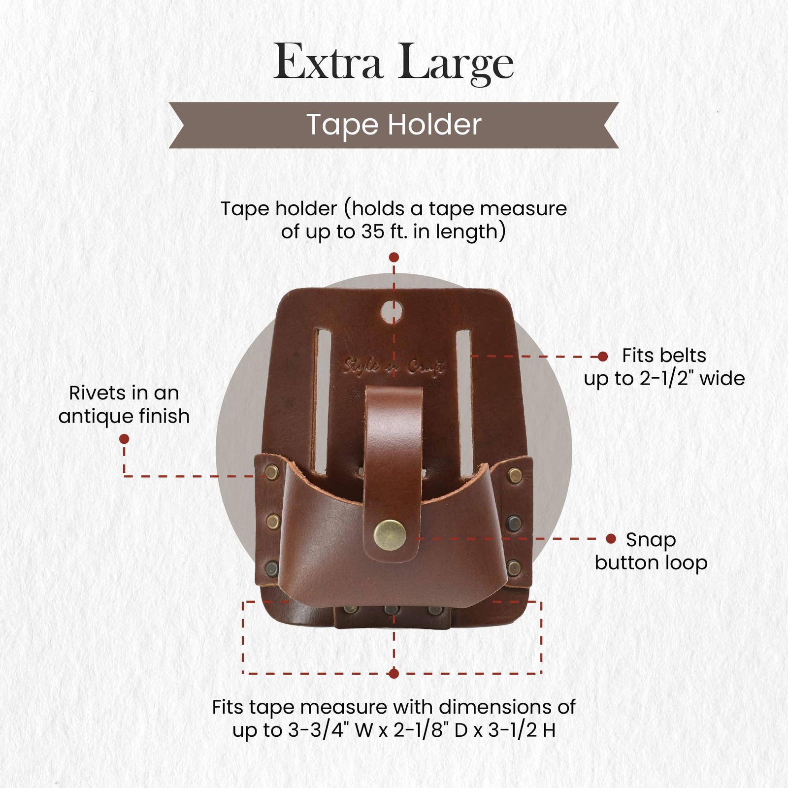 Extra Large Tape Holder, Full-Grain Leather Tool Pouch, Dark Tan (#98014)