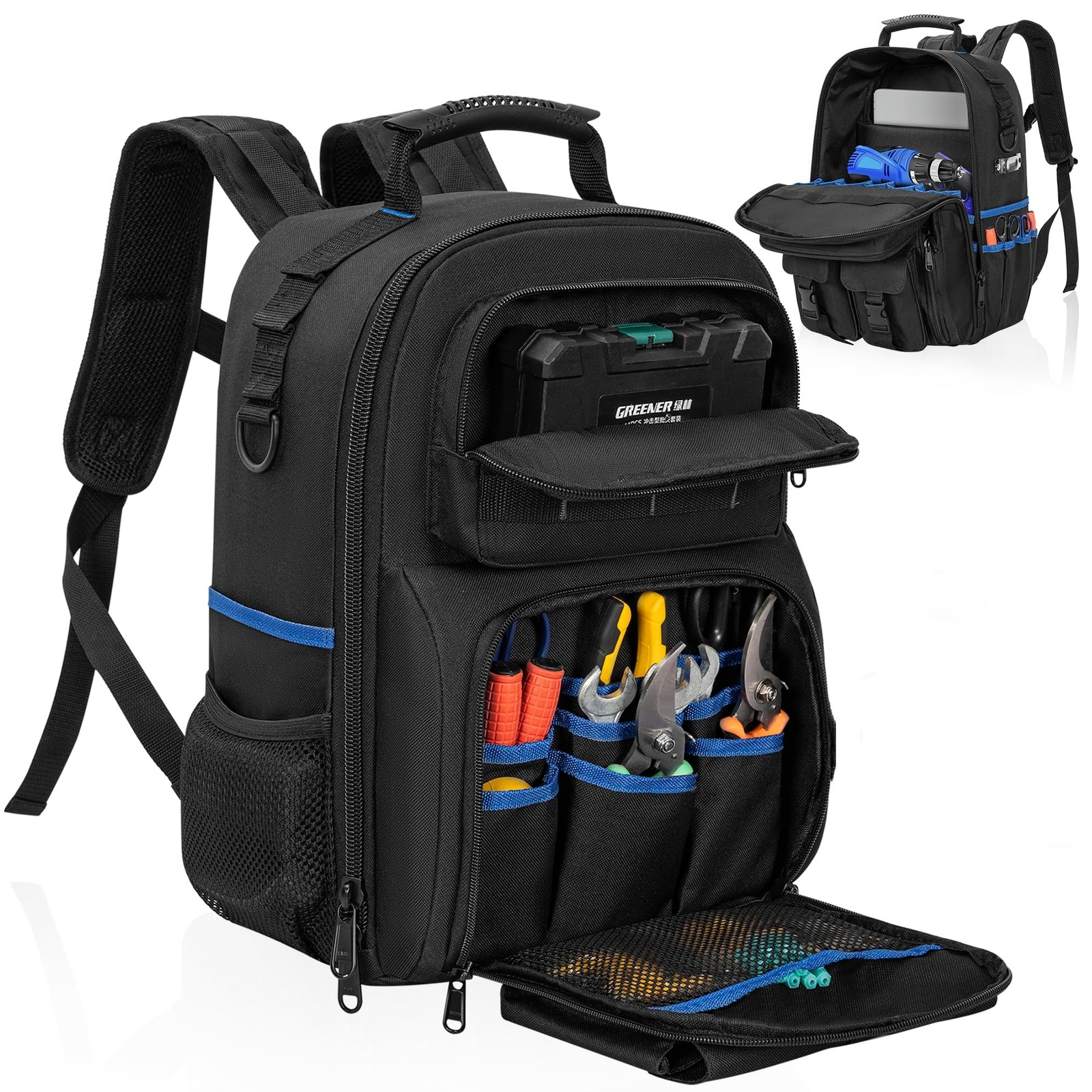LASUK Heavy Duty Backpack Tool Bag, Water-resistant Black&Blue