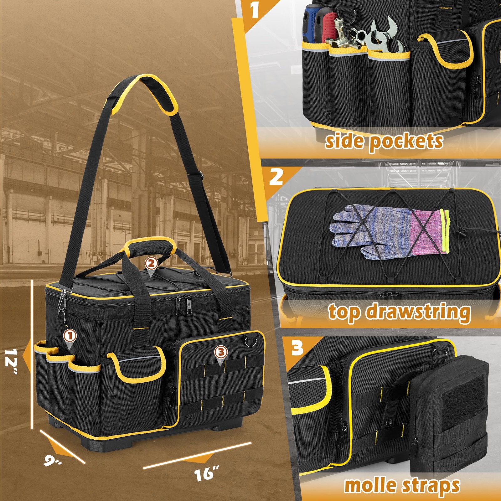 16-inch Tool Bag with Hard Bottom and a Detachable Divider, Heavy Duty Tool Tote