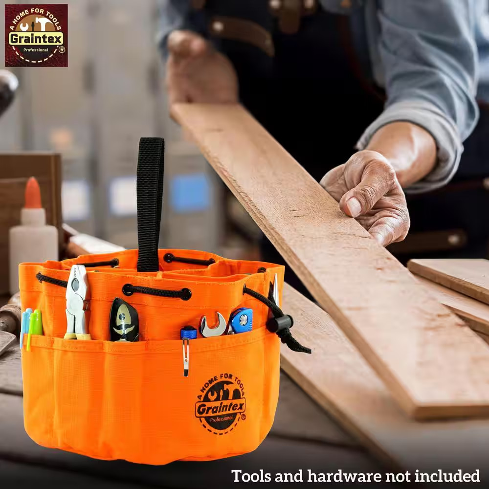 10 In. 6-Pocket Grab Tool Bag with Drawstring Closure in Orange Canvas