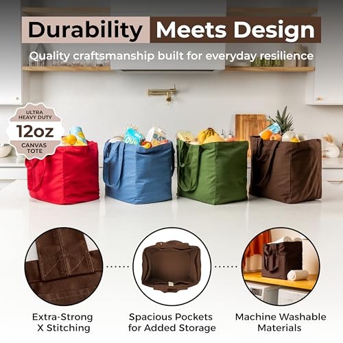 Canvas Grocery Bag 3pc XL Set with Real Pockets, Long Shoulder Dark Chocolate