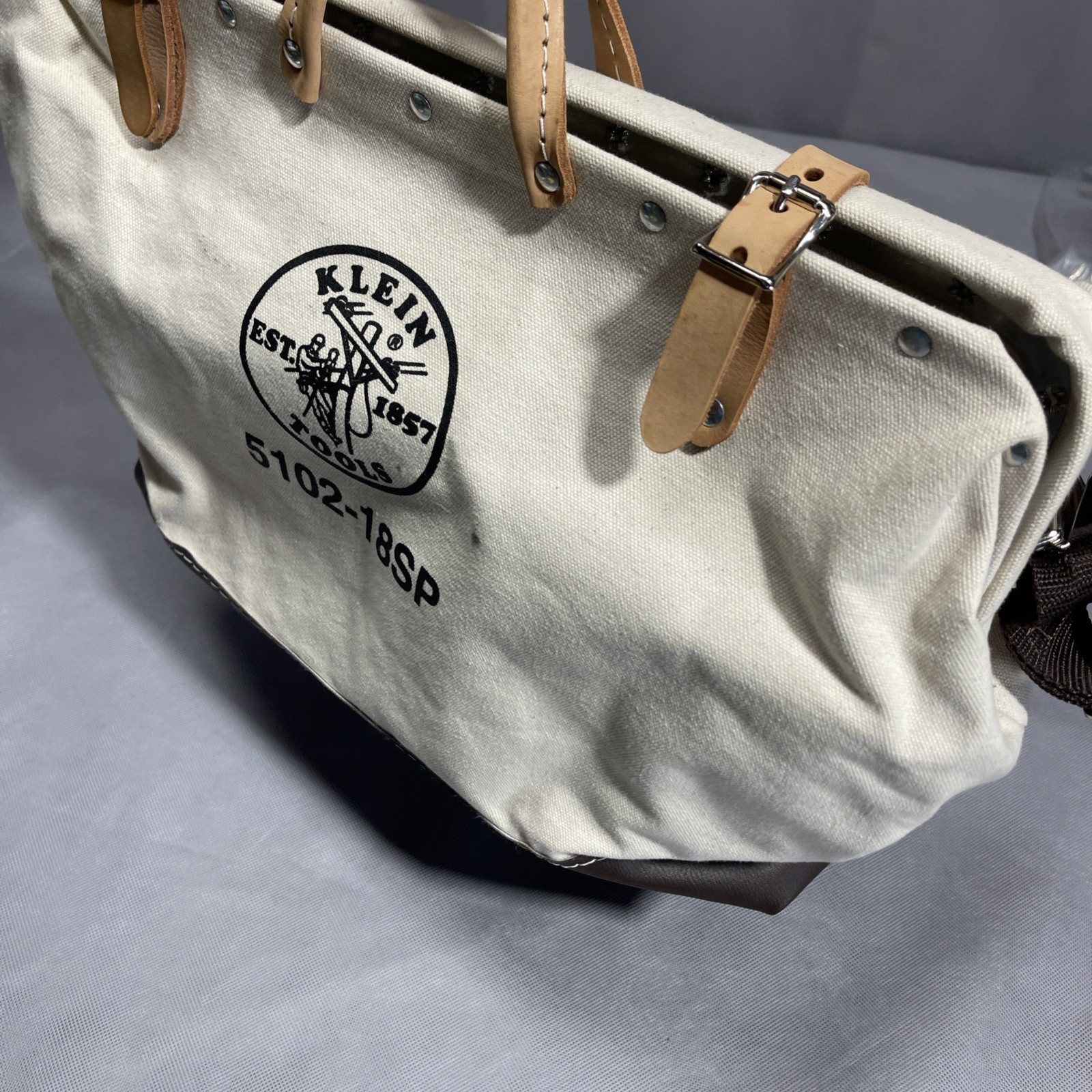 Klein Tools 5102-18 Canvas Tool Bag Large Beige Brown Leather Bottom Heavy Duty
