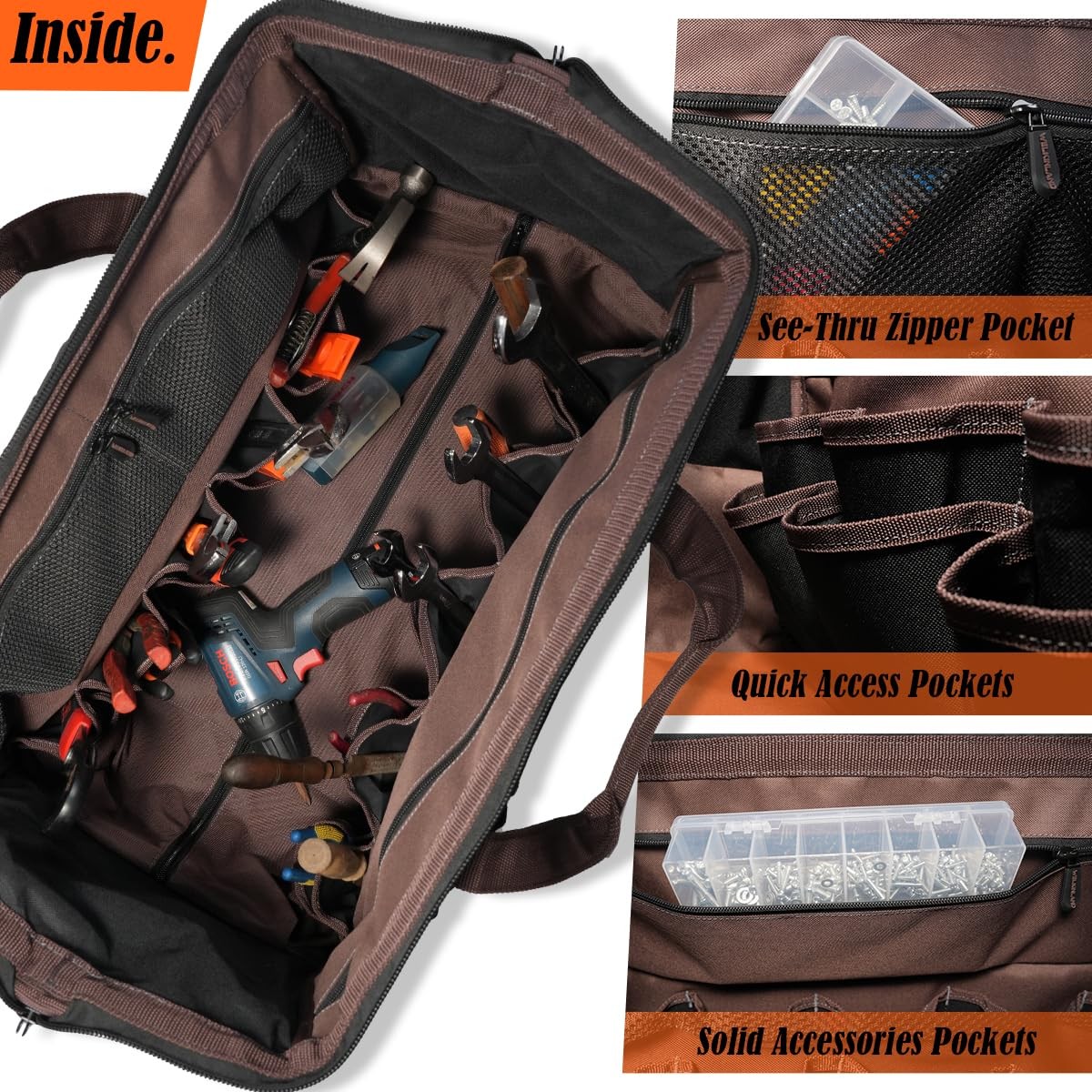 WELKINLAND 48Pockets Tool Bags With Wheels, 22Inch Large, Brown & Black