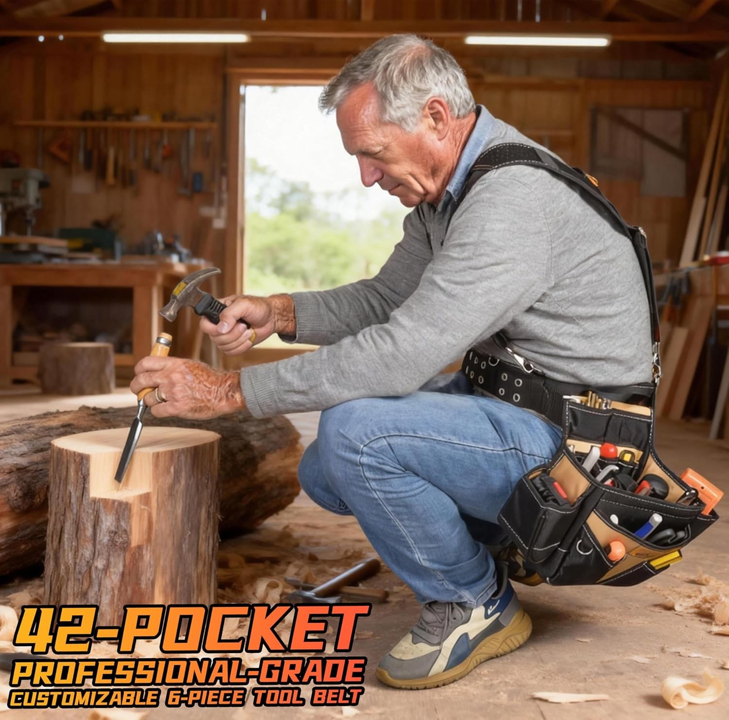 Professional Tool Belt with Suspenders 42 Pockets 1680D Durable Fabric, Heavy Du