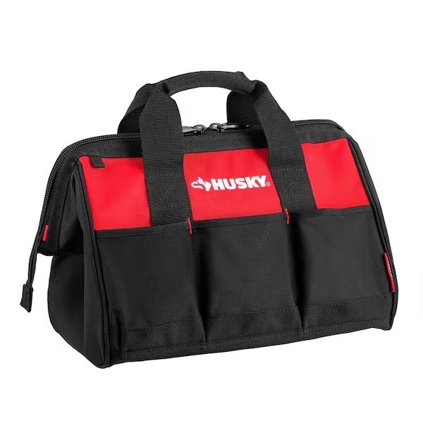 Husky 15 in. 8 Pocket Zippered Tool Bag Polyester Water-Resistant Material, Red