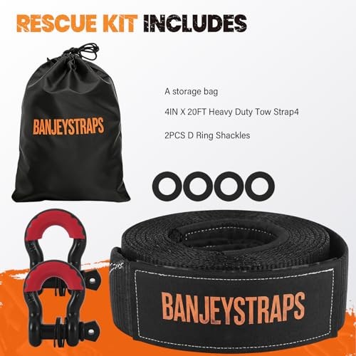 45,000 lb Recovery Tow Strap Kit with 3/4″ Shackles – 4″ Recovery Kit Black