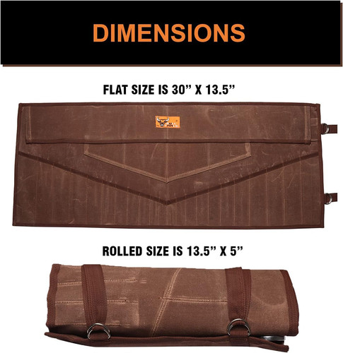BULL TOOLS 26 Pocket Wrench Organizer Roll-Up Waxed Canvas, Cinnamon Brown