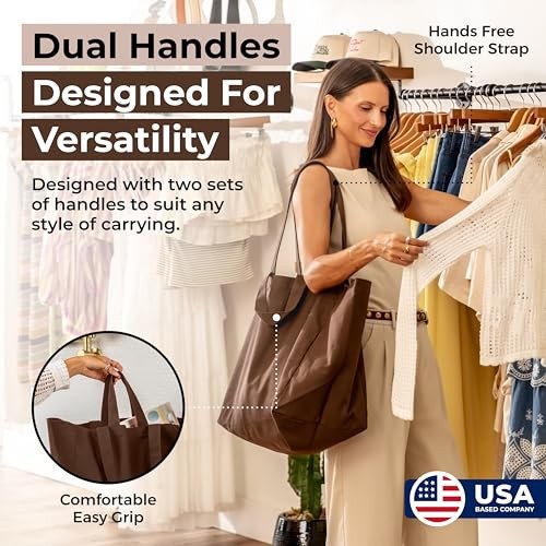 Canvas Grocery Bag 3pc XL Set with Real Pockets, Long Shoulder Dark Chocolate
