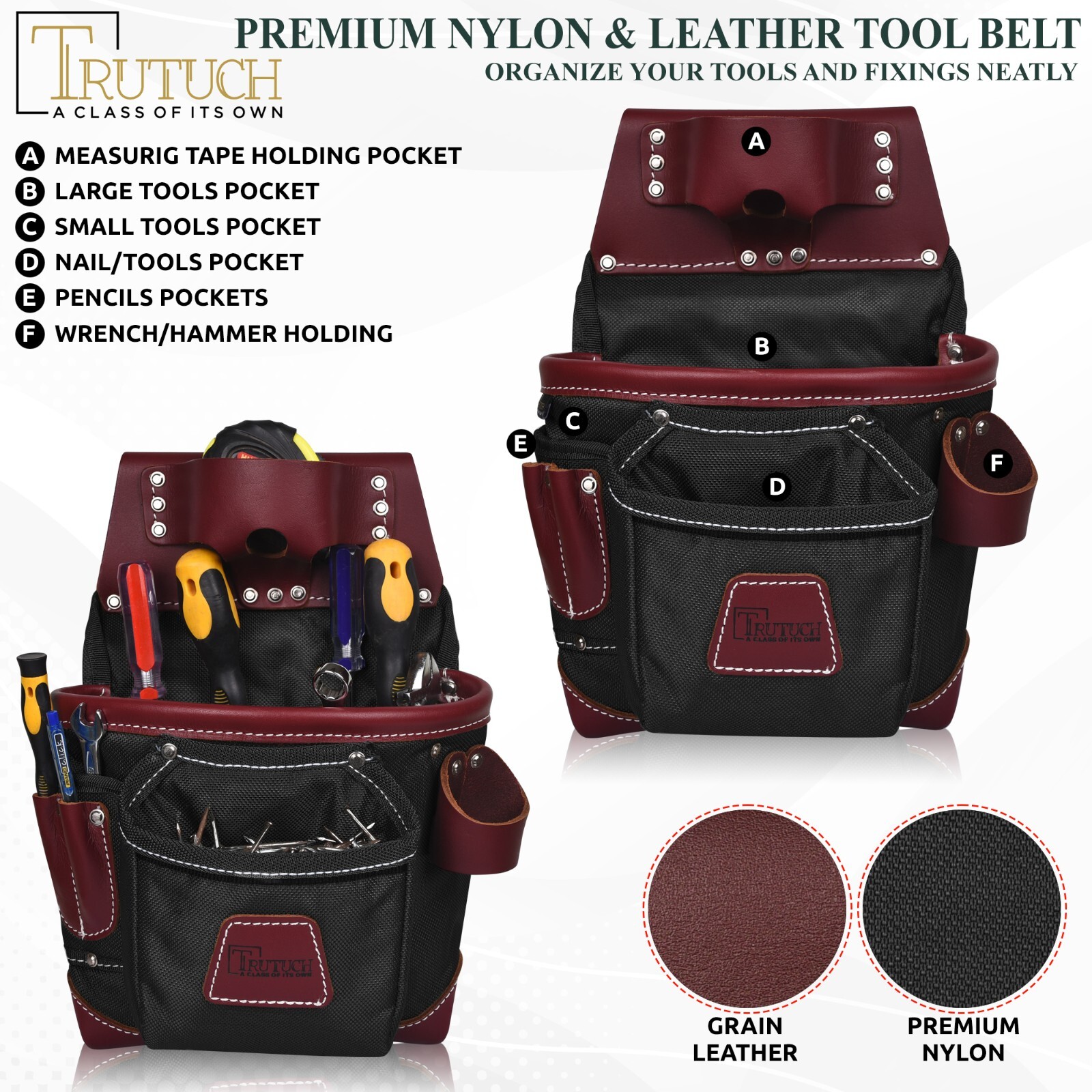 TRUTUCH Nylon and Leather Tool Belt | Framing Tool Bags | Nylon Tool Pouch