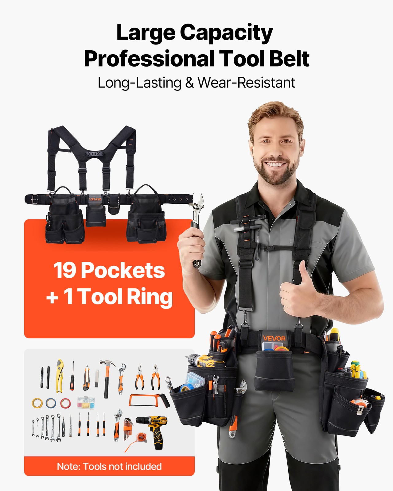 VEVOR Tool Belt Electricians Work Belt with Suspenders 19 Pocket Tool Pouch Bag