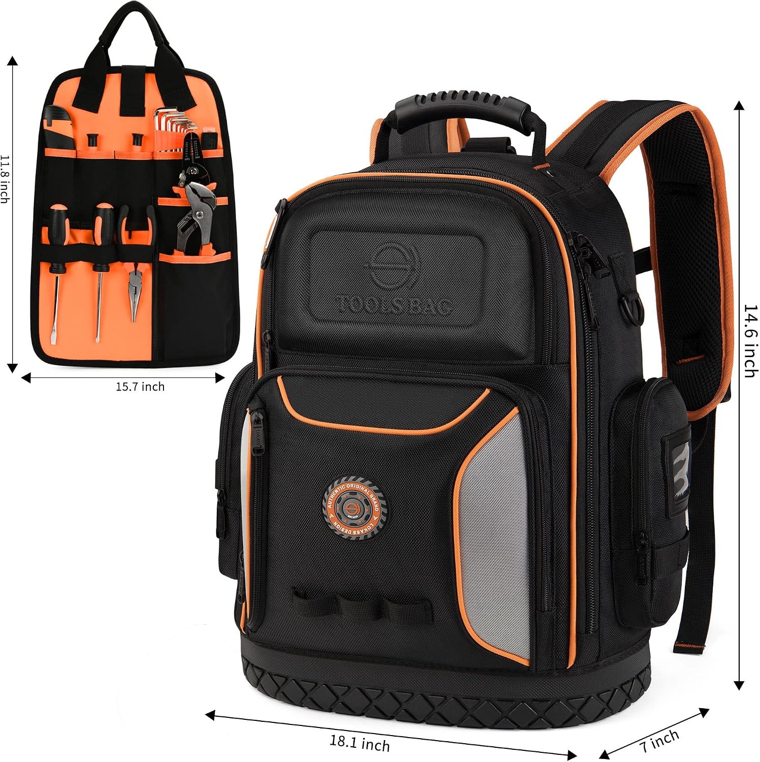 18.1 Inch Tool Backpack,75 Pockets & Loops Heavy-Duty 1680D Molded Base Tool Bag