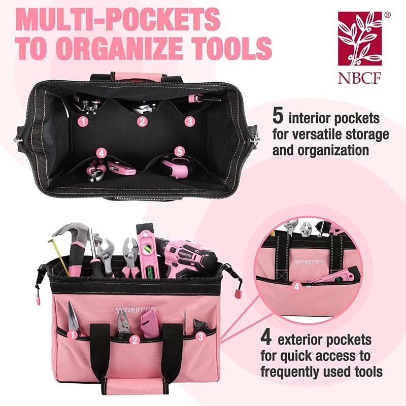13-in Tool Bag Wide Mouth Tool Tote Bag Blue/Pink Polyester Fabric