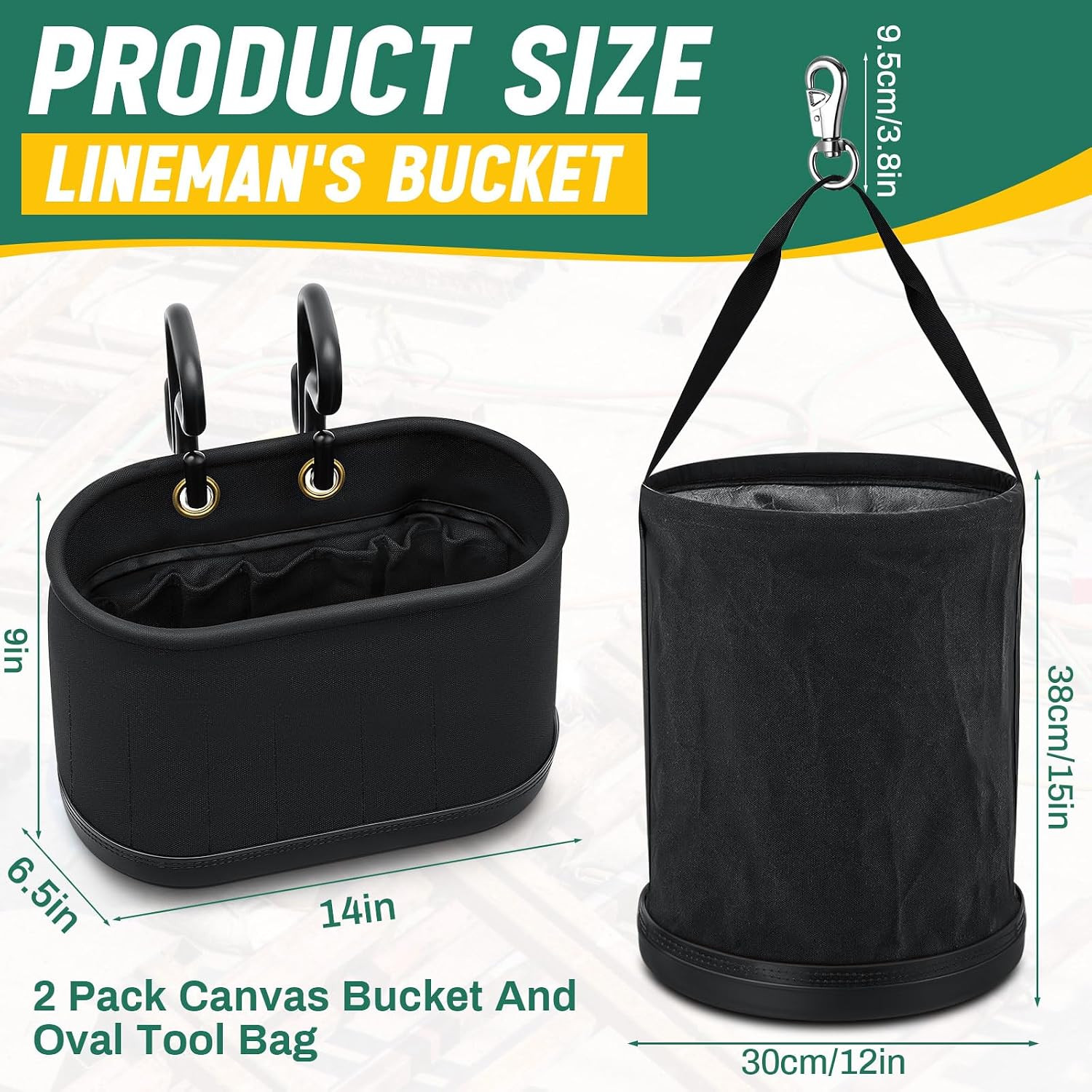 2 Pack Canvas Tool Bags with Plastic Bottom & Metal Hook for Organizing Tools