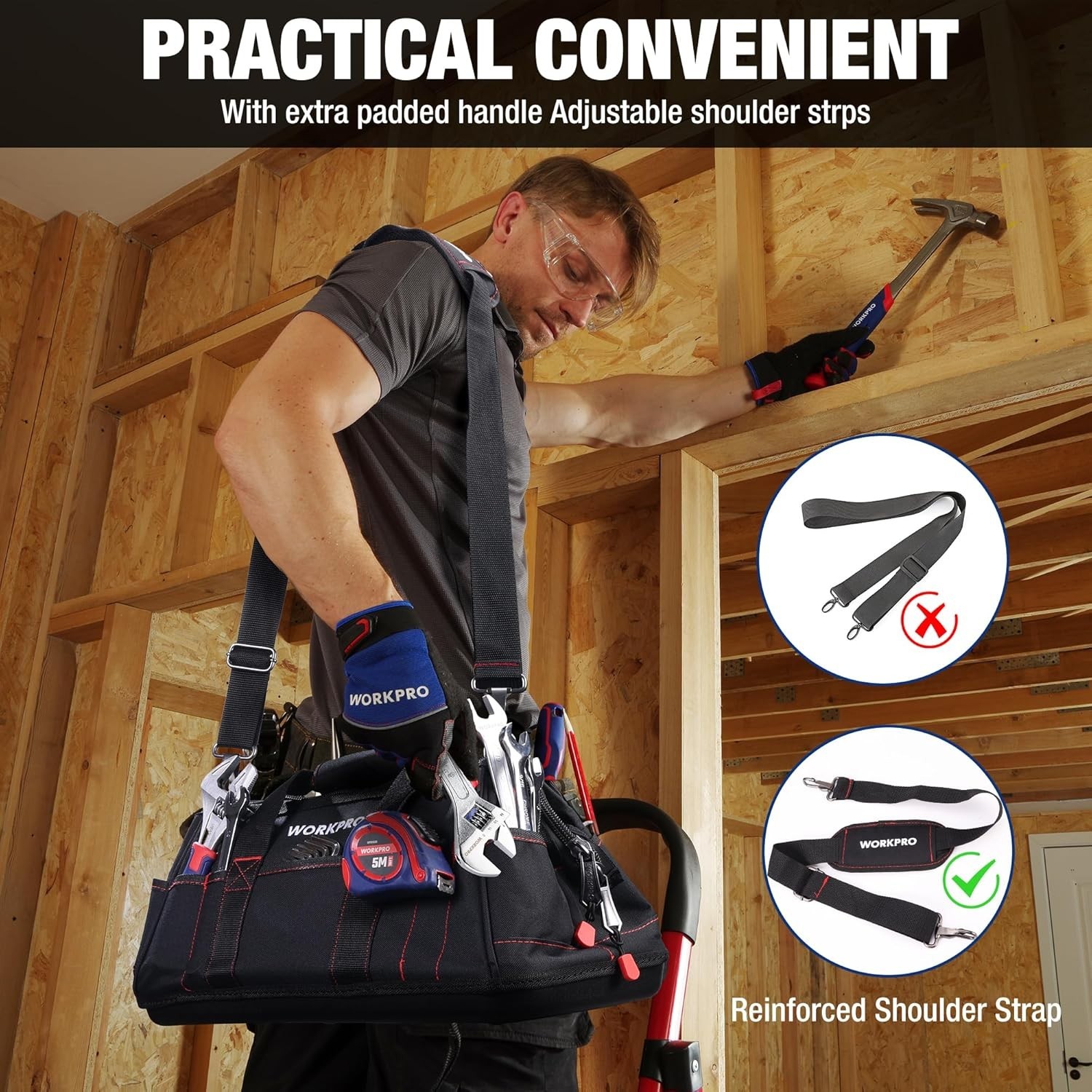 Durable 16-Inch Wide Mouth Tool Storage Bag with Padded Handle & Shoulder Strap