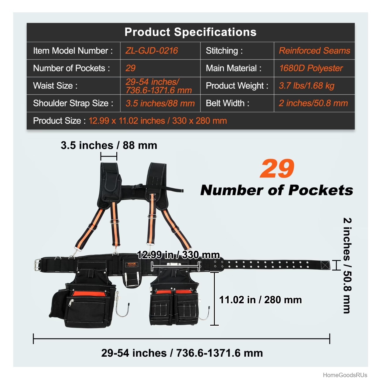 Tool Belt with Suspenders 29 Pockets Adjustable 1680D Polyester Carpenter Pouch