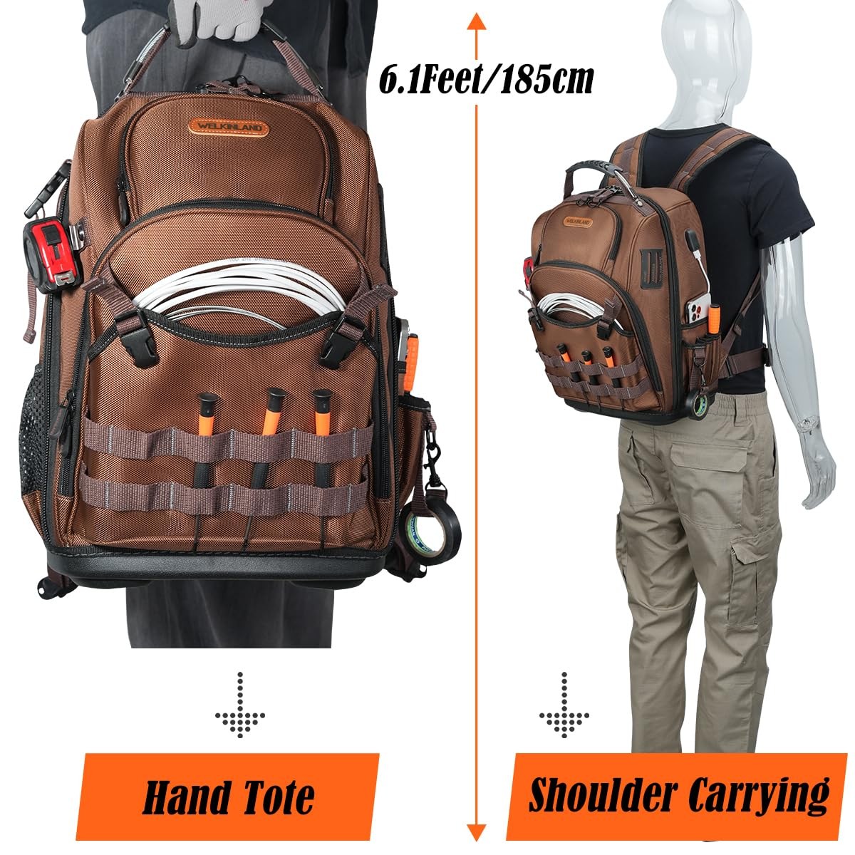 WELKINLAND-70Pockets HVAC Backpack, Heavy-Duty Electrician Tool Brown & Black