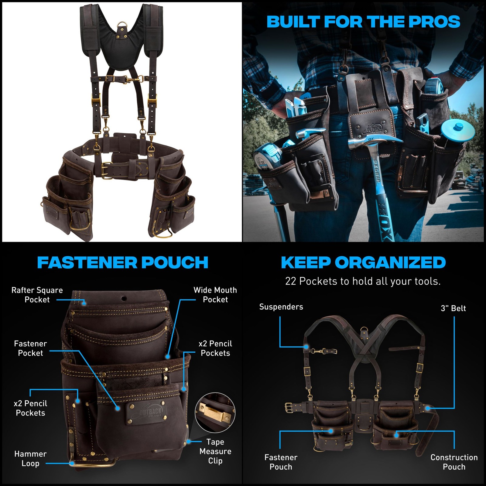 OX Pro Oil-Tanned Leather Carpenter Tool Belt Suspenders Dual Hammer Loops