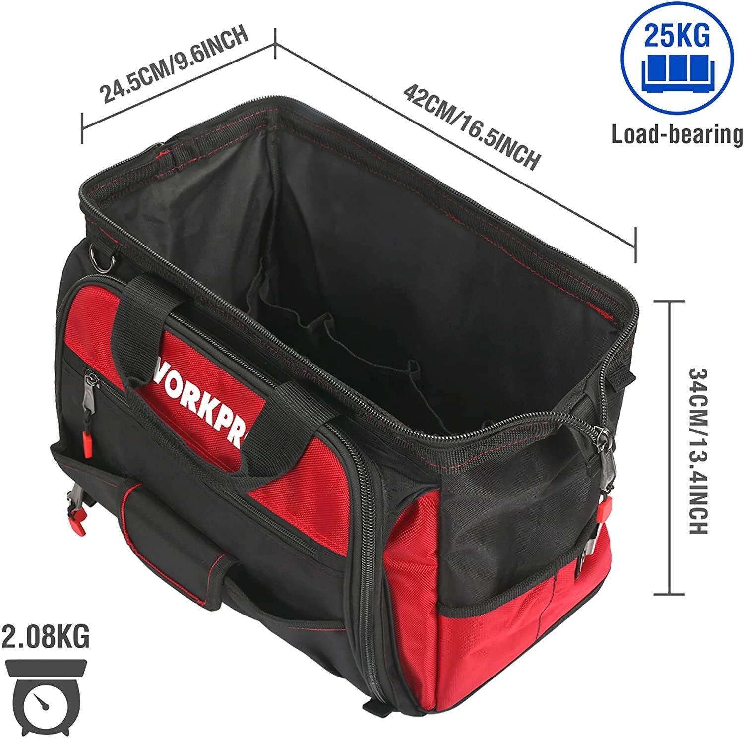 WORKPRO 16″ Wide Mouth Tool Bag with Water Proof Rubber Base For Tool Storage