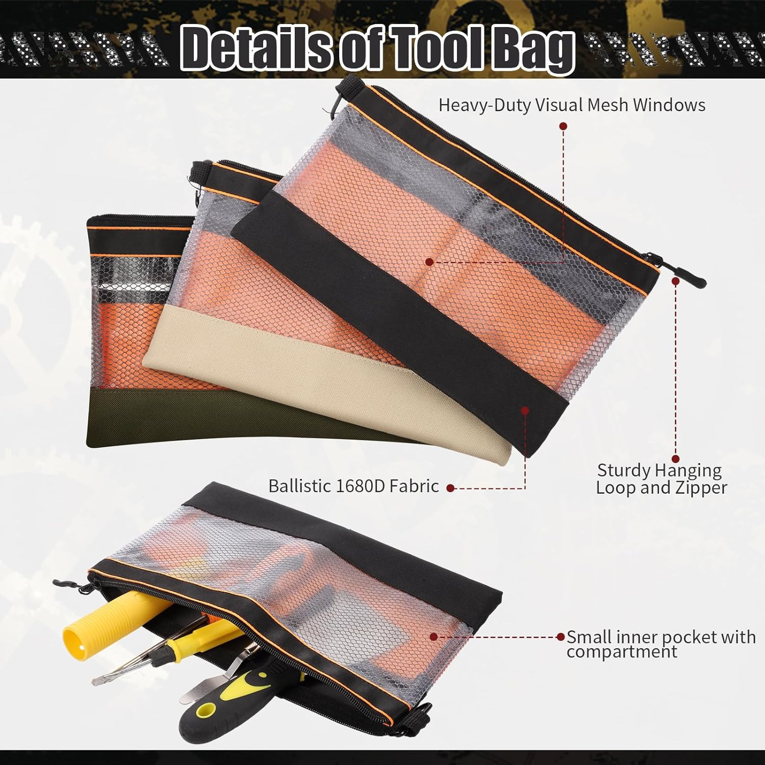 6 Pcs 11.8″ Clear Tool Pouch Tool Pouch Bags | 1680D Reinforced Bottom, Inner Po