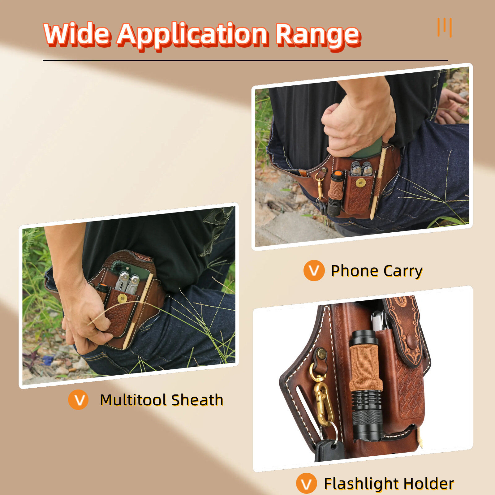 Tourbon Leather Phone Case EDC Bag Knife Sheath Belt Holster Flashlight Pouch