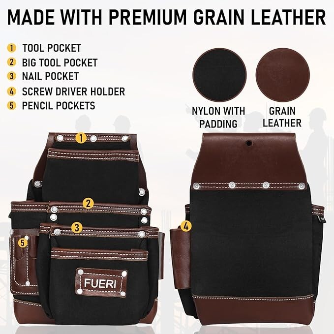 FUERI Tool Belt with Suspenders Heavy Duty Bags Pouches for Men Construction