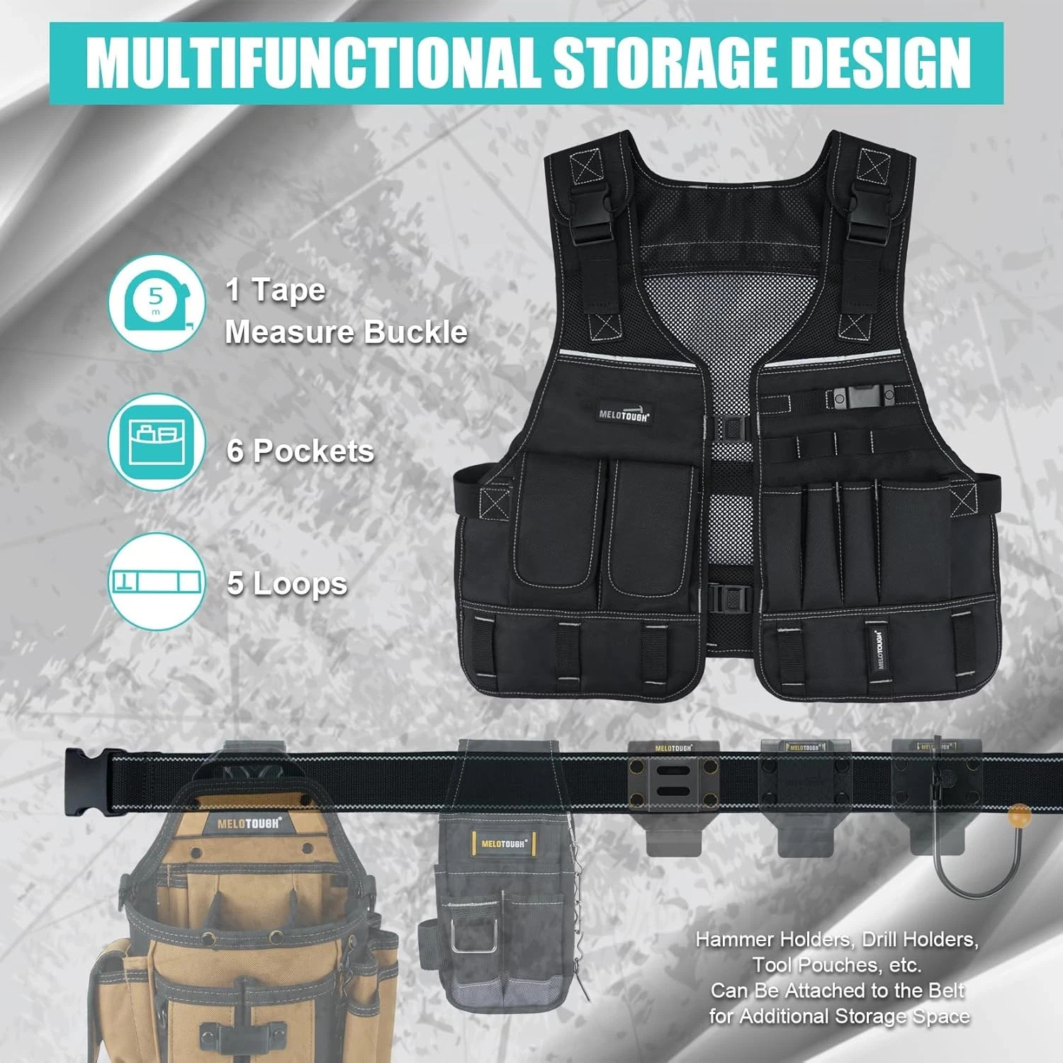 Tool Vest for Men with Pouches and Belt, Adjustable Multi-Pocket Safety Tool Ves