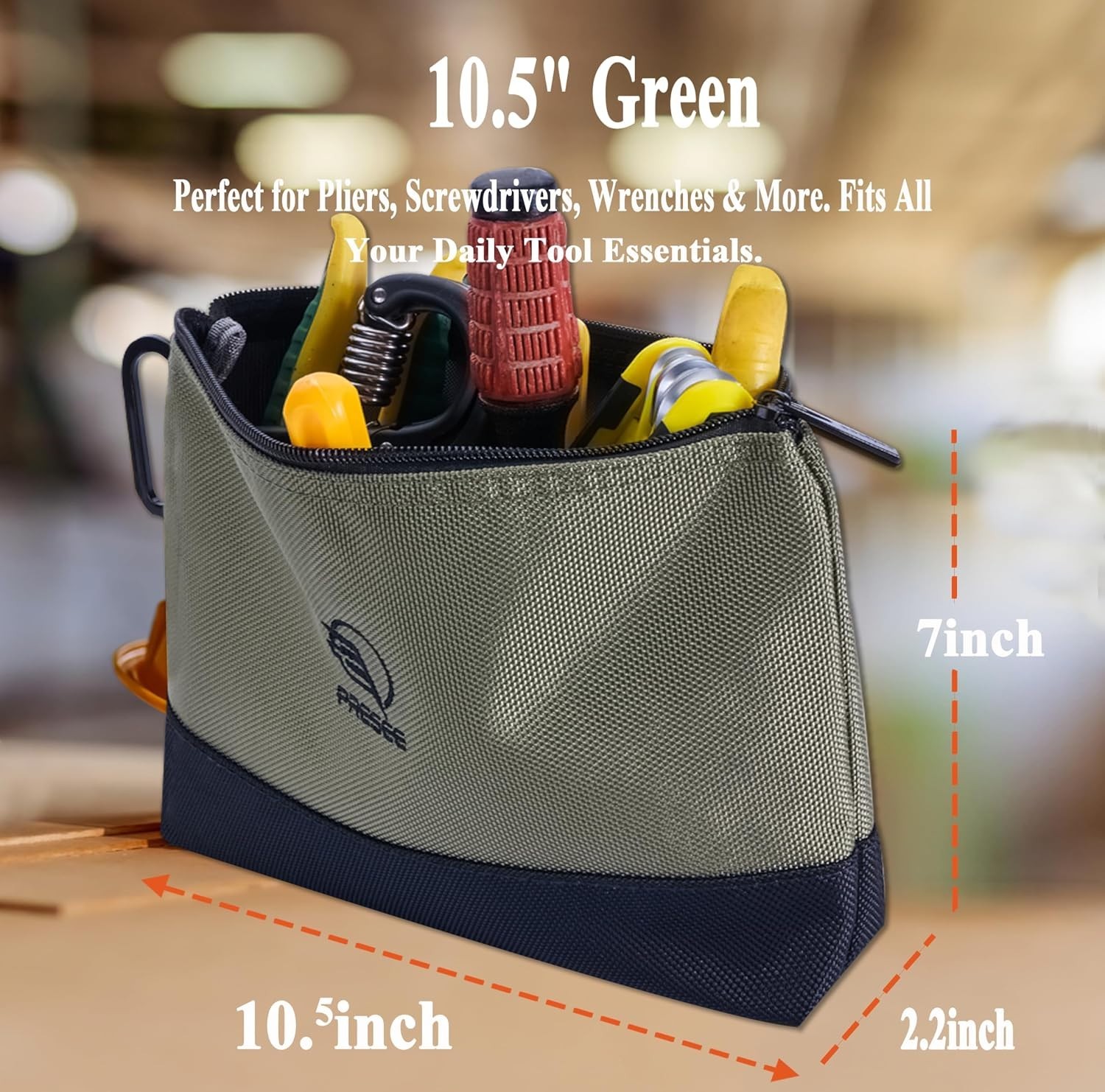 Heavy Duty Green Nylon Zipper Tool Pouch with Carabiner, 10.5-Inch Organizer …