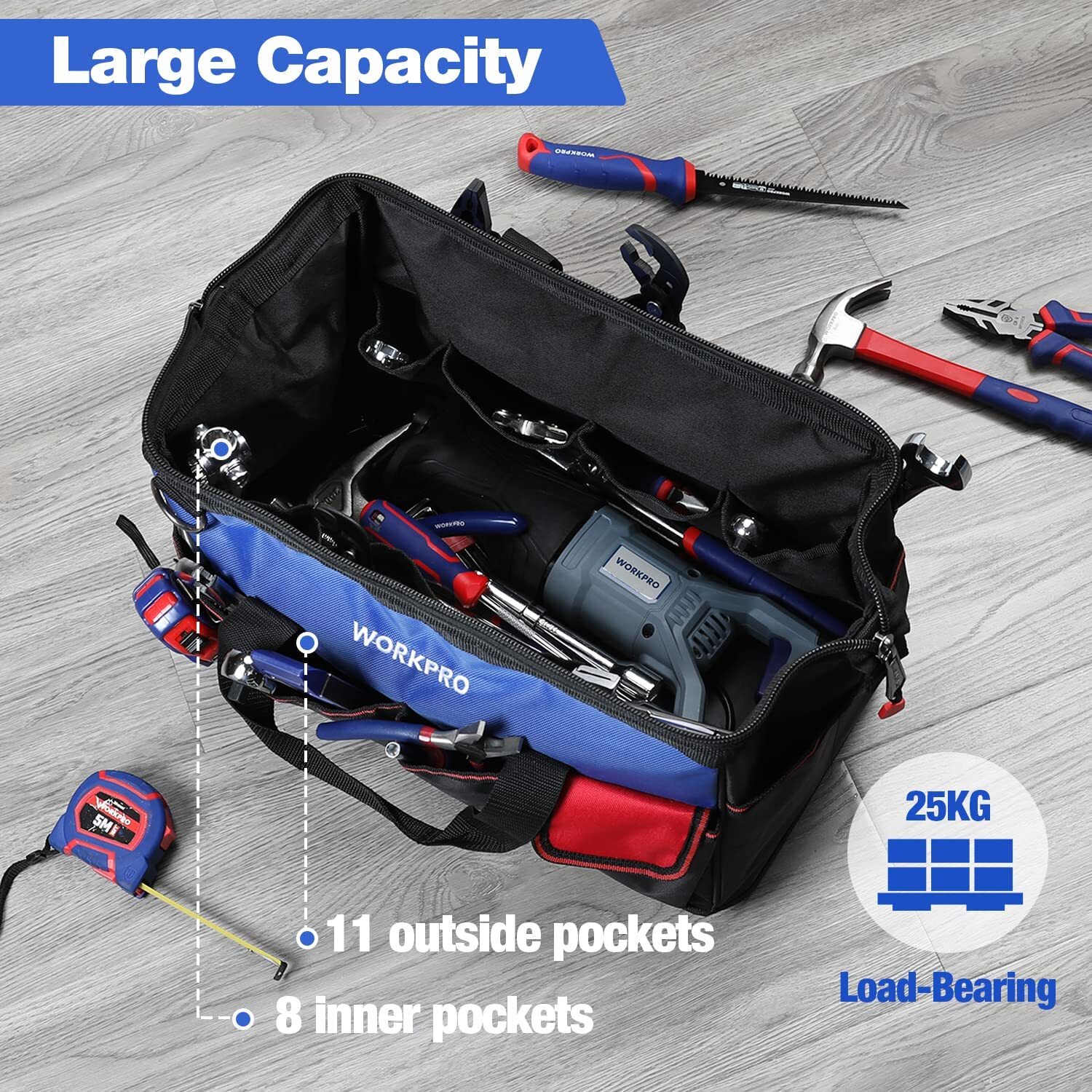 WORKPRO 18″ Tool Bag Zipper Top Tool Organizer Case Wide Mouth Open Black/Blue