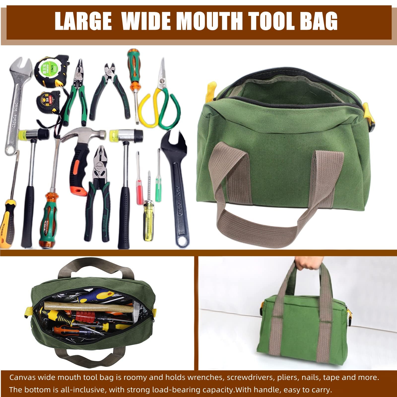 16 Inch Wide Mouth Tool Bag, Heavy Duty Canvas Tool Storage Bag, Large Capaci…