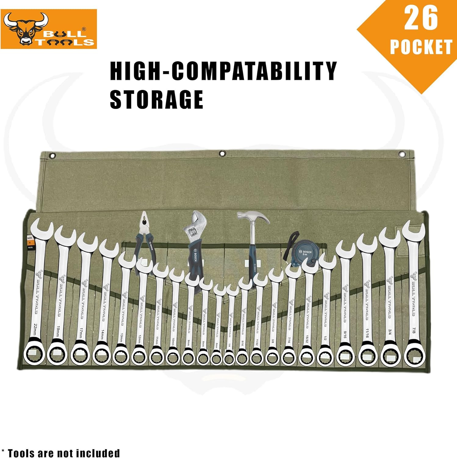 Wrench Roll, 26 Pocket Tool Pouch, Metric SAE Cotton Canvas Bag Organizer | Roll