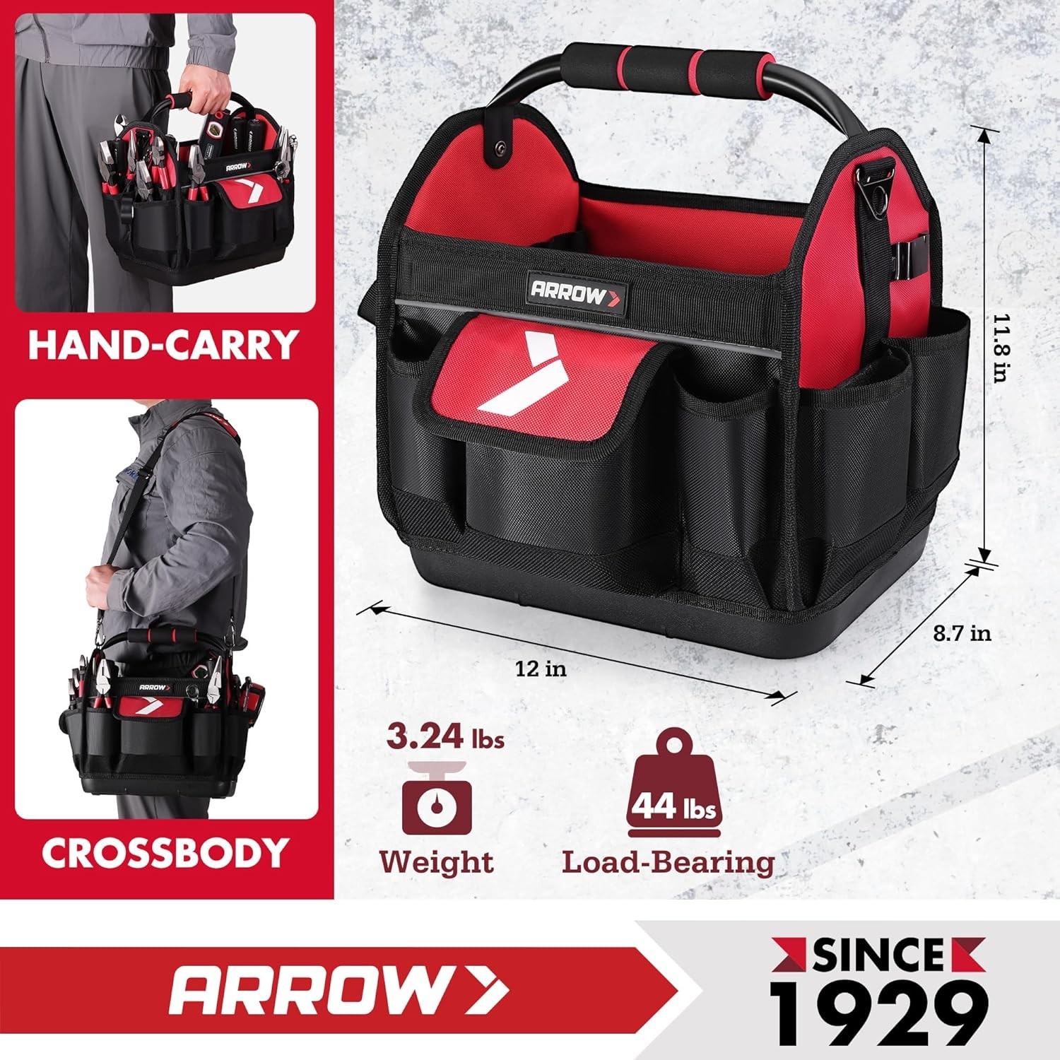 Arrow Fastener 12 Inch Tool Tote 19 Pockets Waterproof Hard Base
