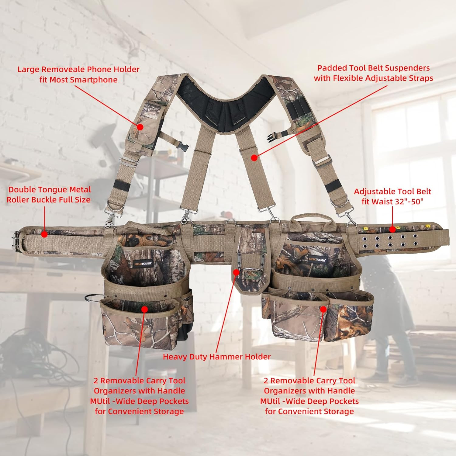 Heavy-Duty Camouflage Tool Belt with Suspenders for Electricians and Carpenters