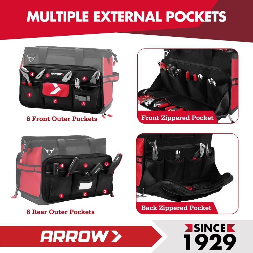 ARROW 17″ Large Heavy Duty Tool Bag w/36 Pocket Zippered Wide Open Mouth Toolbag