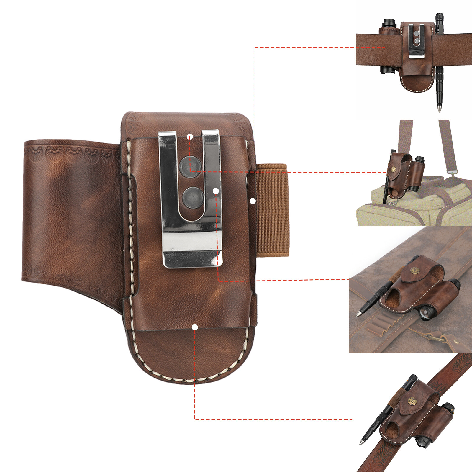 TOURBON Leather Folding Knife Sheath Belt Holster Pouch Multitools EDC Hold Case