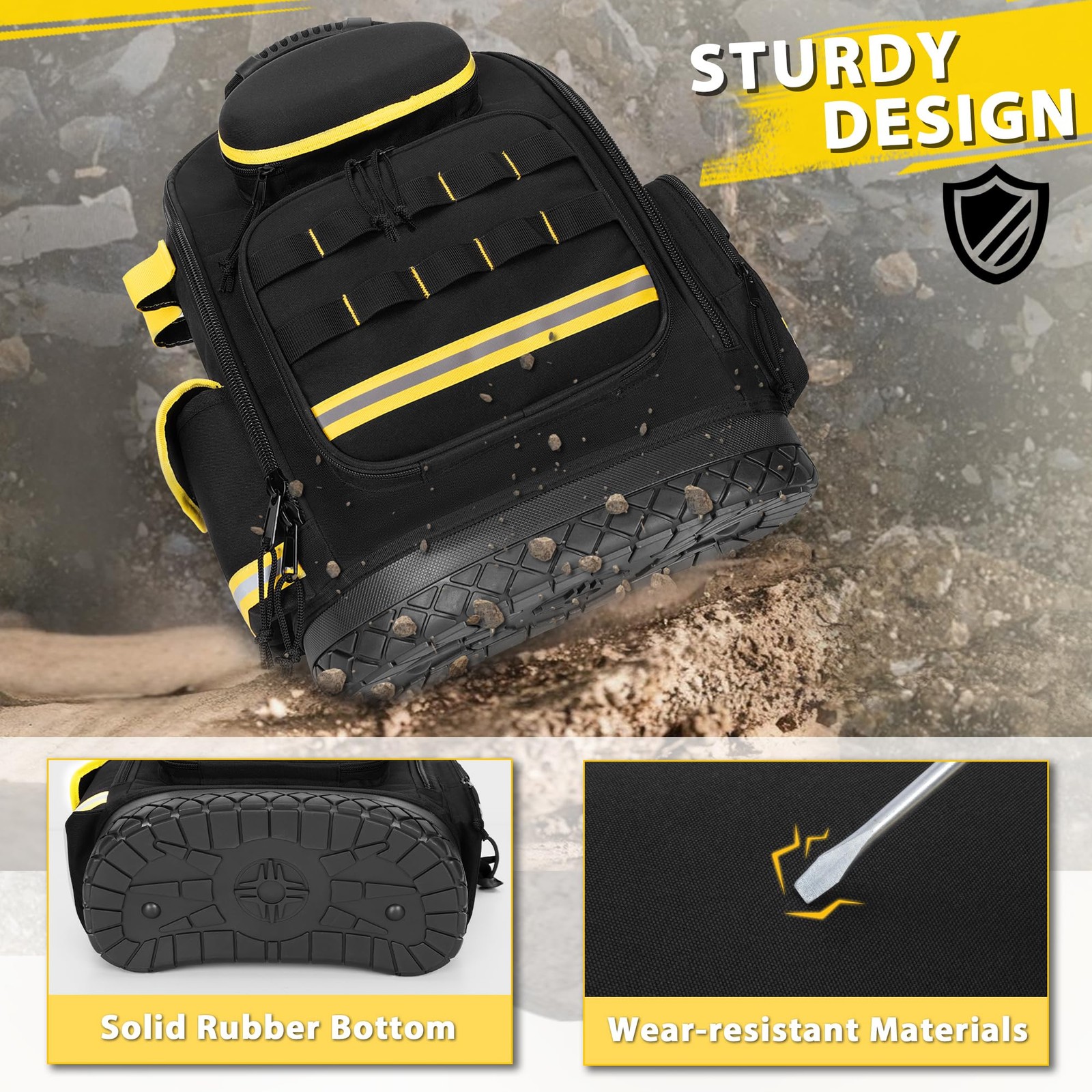 Trahzia Tool Backpack with Hard Bottom, Tool Bag with 3 Clear Pouches