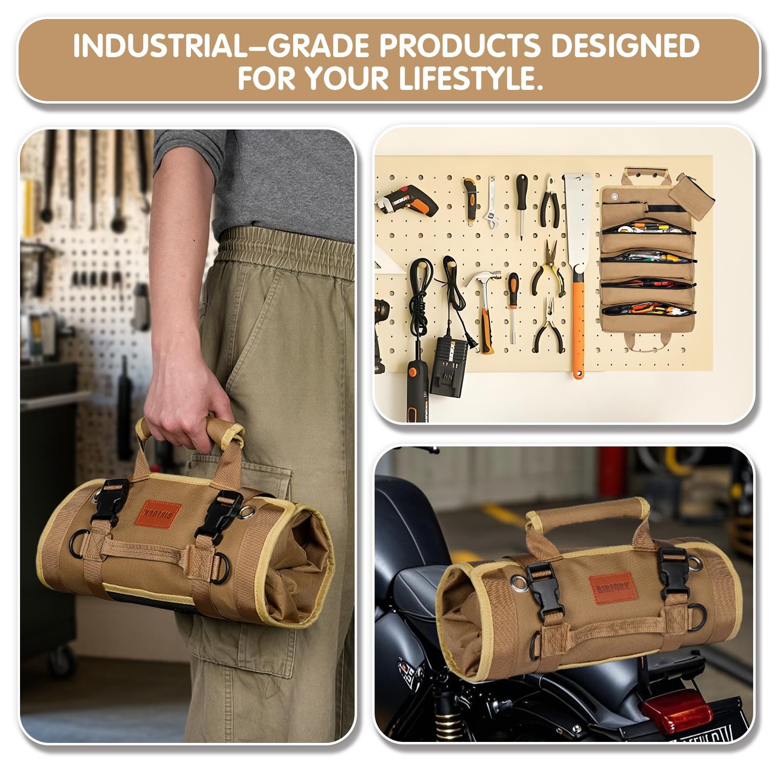 Roll Up Tool Bag Heavy Duty Tool Organizer Bag with 6 Pouches Khaki