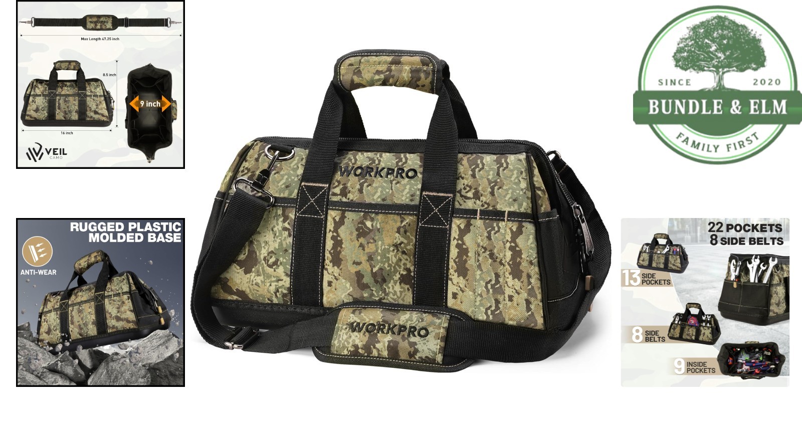 16-Inch Wide Mouth Tool Bag with 30 Compartments & Adjustable Shoulder Strap
