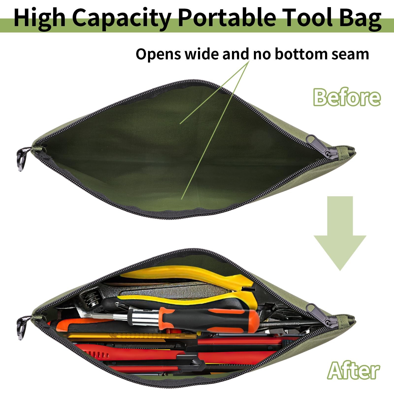 3 Pack Tool Bag Zipper 12.6 x 7 x 0.3 inches, 3 Pack, Tan, Navy Green, Black