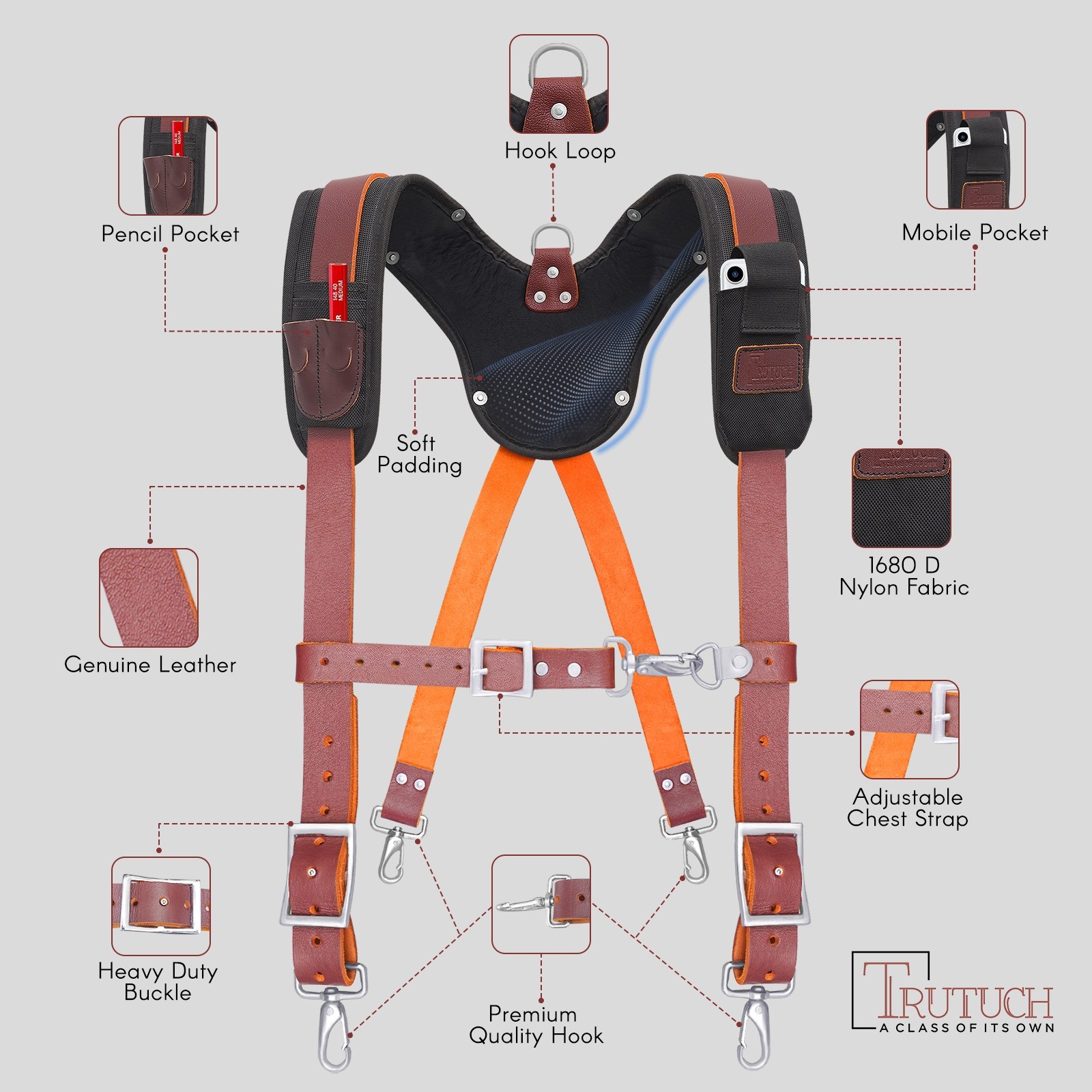 TRUTUCH Nylon and Leather Tool Belt with Leather Work Suspender | Framers