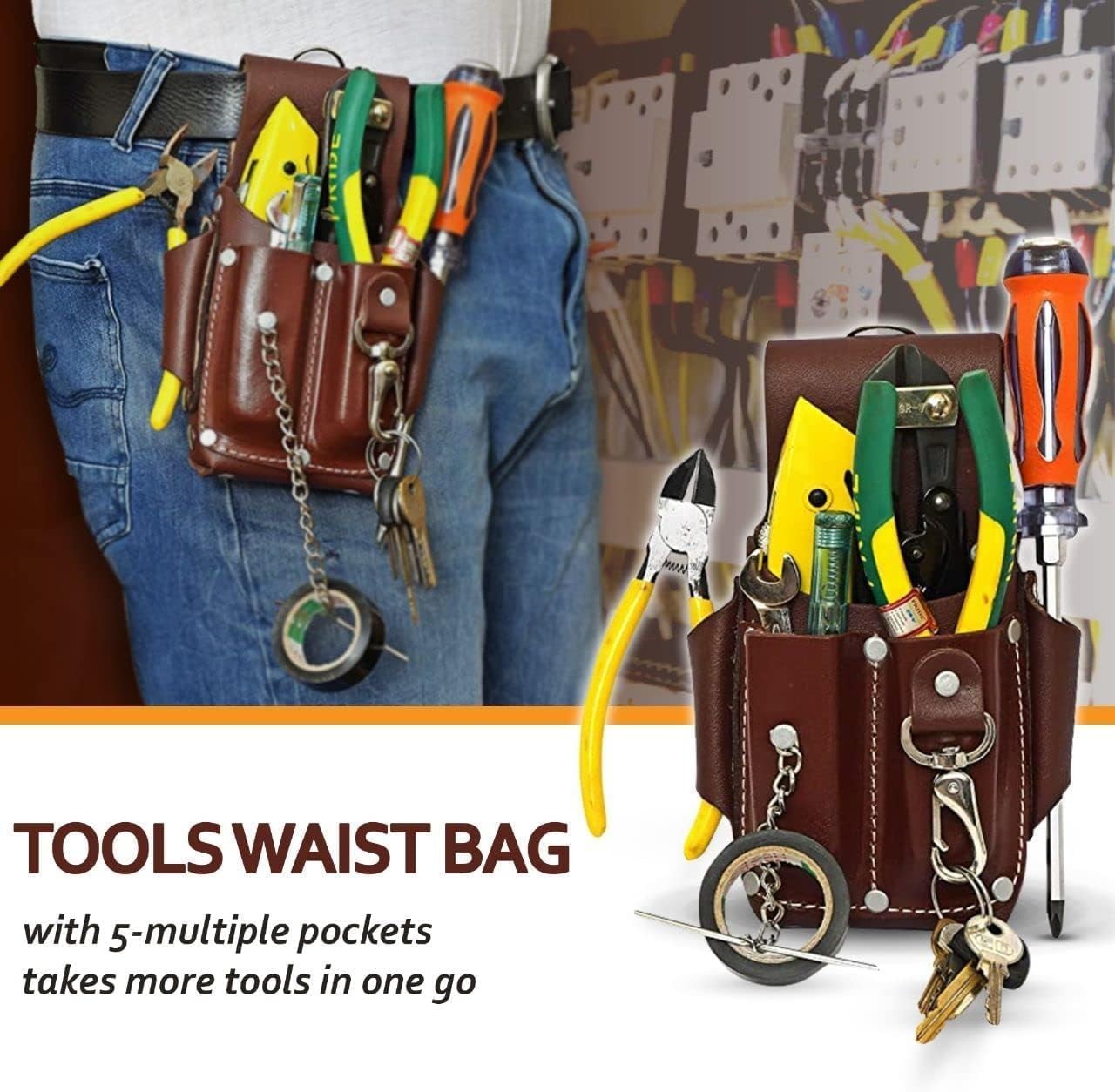 Pro-5 Electrician Pouch, Leather Tool Pouch, 5 Pocket Pouch with Electrical Tape