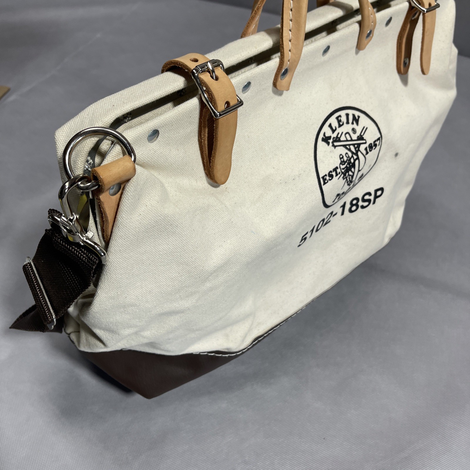 Klein Tools 5102-18 Canvas Tool Bag Large Beige Brown Leather Bottom Heavy Duty