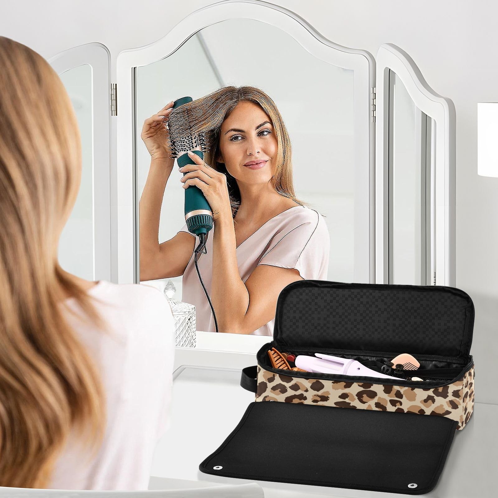 ElliTarr Hair Tools Travel Bag with Heat Resistant Mat Leopard Print Brown