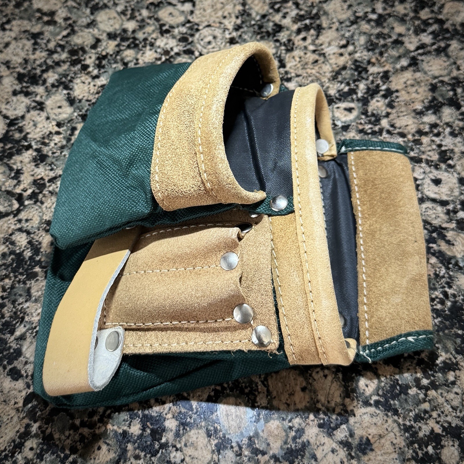 Kids Toolbelt with Leather Accents Green and Beige Light Brown Two Pocket 9x8x6