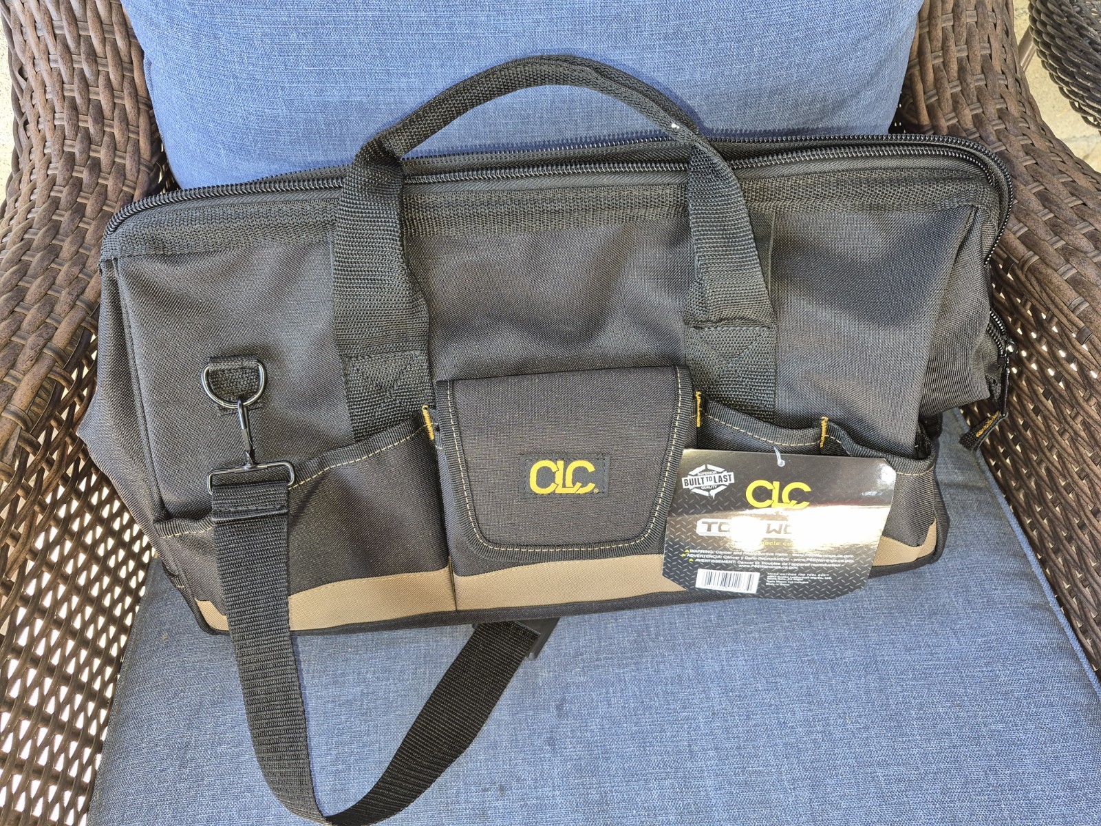 CLC Large Black/Tan Fabric Tool Bag w/ Handle, Shoulder Strap & Zipper Top