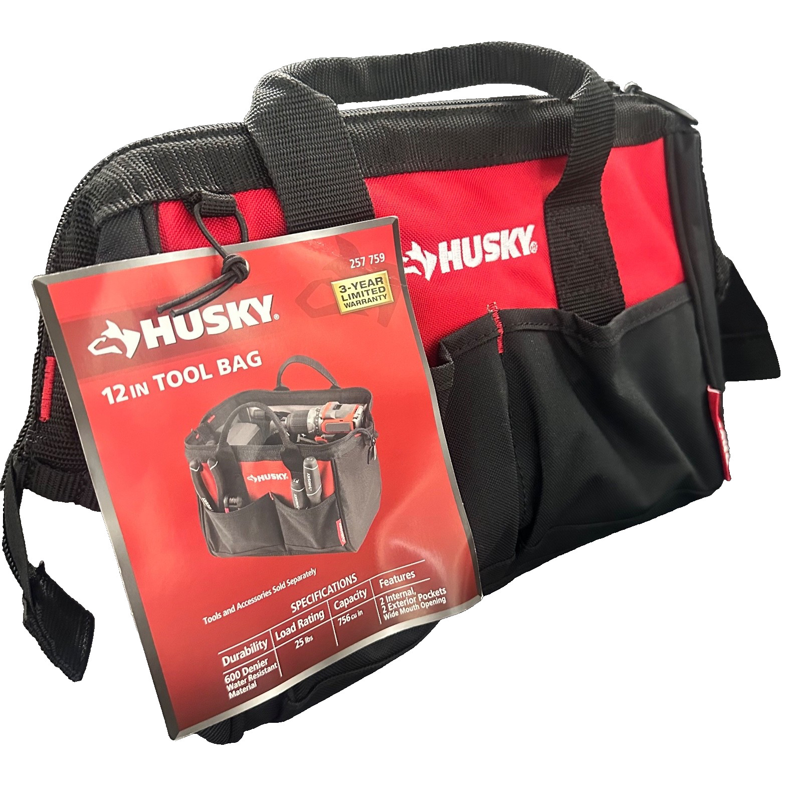 Husky 12 in 4 Pocket Tool Bag Zippered Top Water Resistant Wide Mouth 257 759