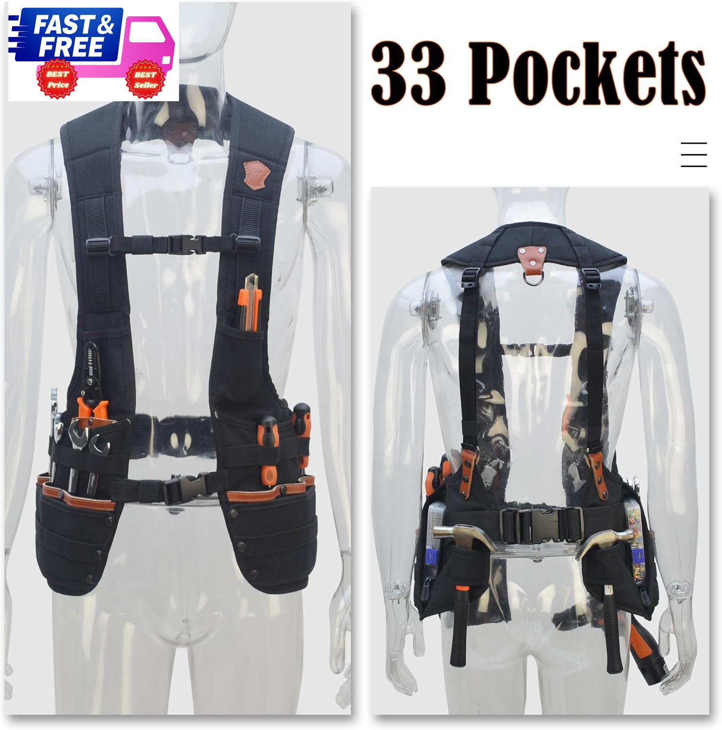 Top-G Leather Tool Vest for Men Electrician Construction Carpenter Multi-Pocket